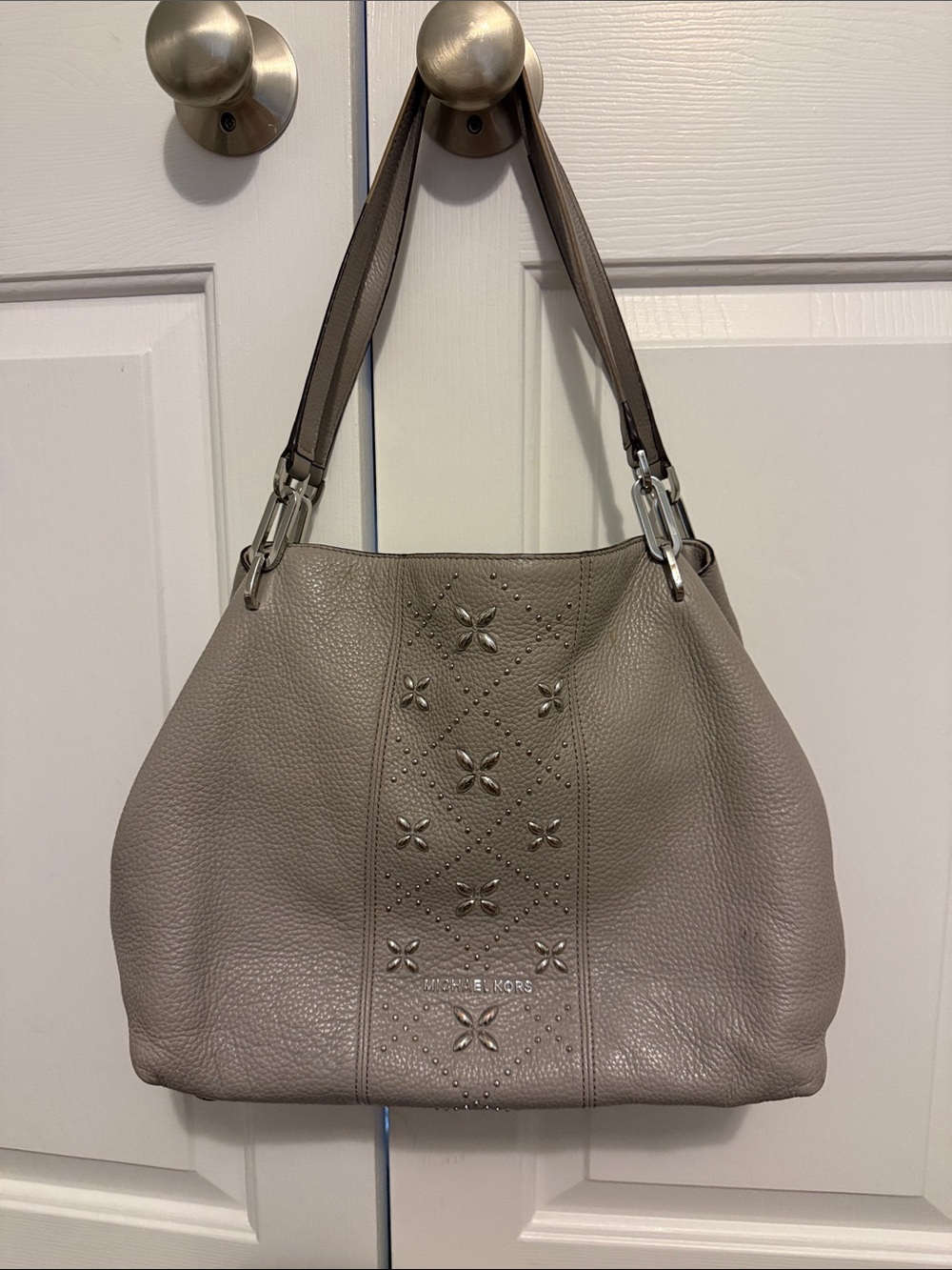 Michael Kors Gray Leather Shoulder Bag with Floral Stud Detail